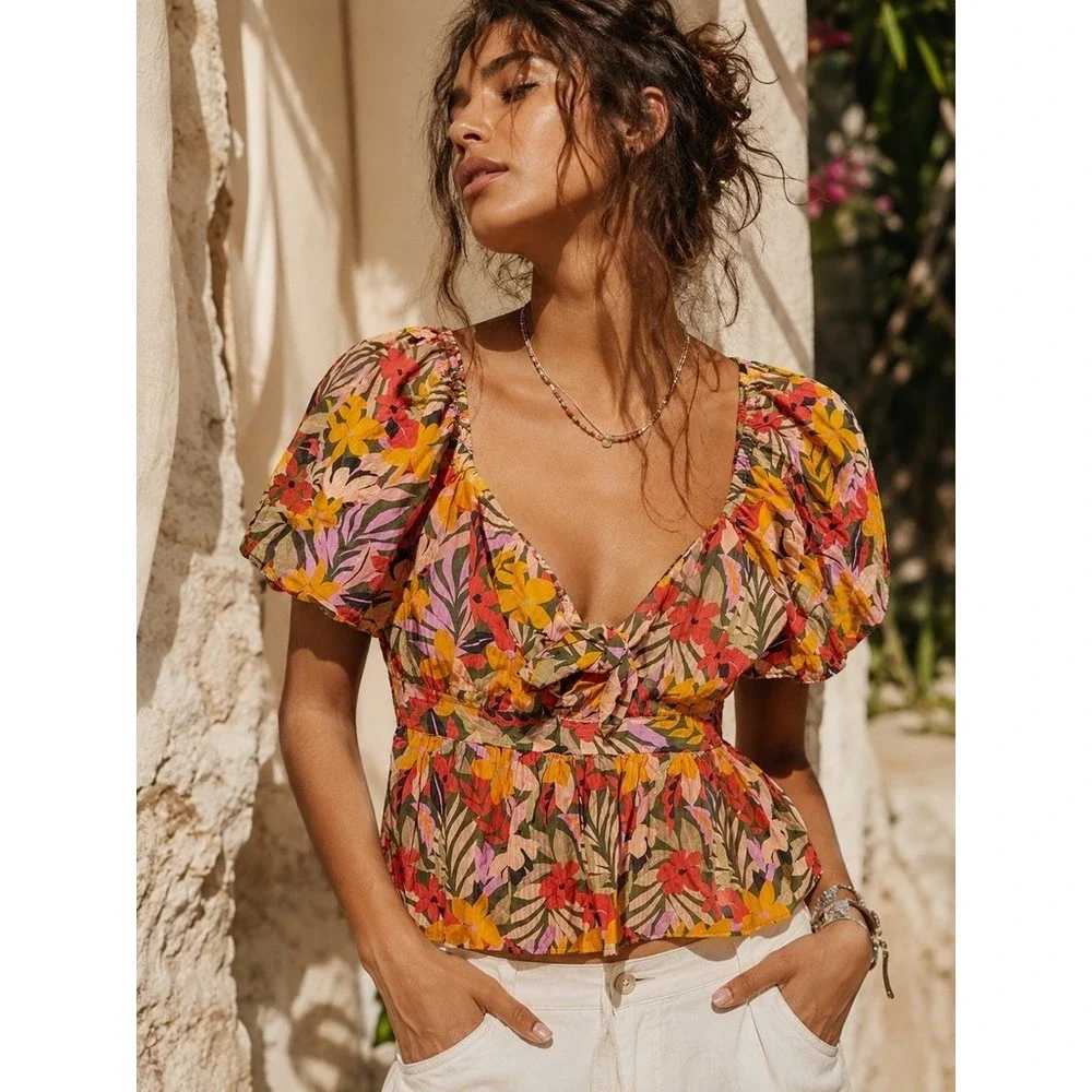LOFT Floral Puff Sleeve Peplum Top Medium Tropical V-Neck Smocked Back Cotton